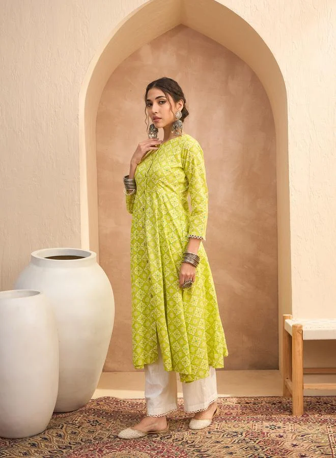 SASSAFRAS  Green Floral Buttoned Pocket Kurta for Women | Best Price UAE