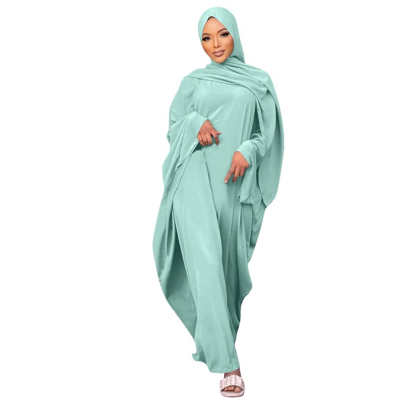 IKADEX Muslim Dress for Women Pakistani Kaftan Abaya Robe + Hijab Arabic Islamic Prayer Clothes Dubai Outfits Light Green Set - Image 2