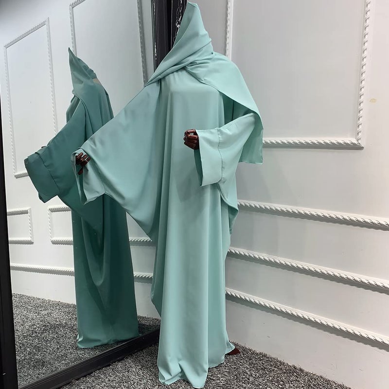 IKADEX Muslim Dress for Women Pakistani Kaftan Abaya Robe + Hijab Arabic Islamic Prayer Clothes Dubai Outfits Light Green Set - Image 3