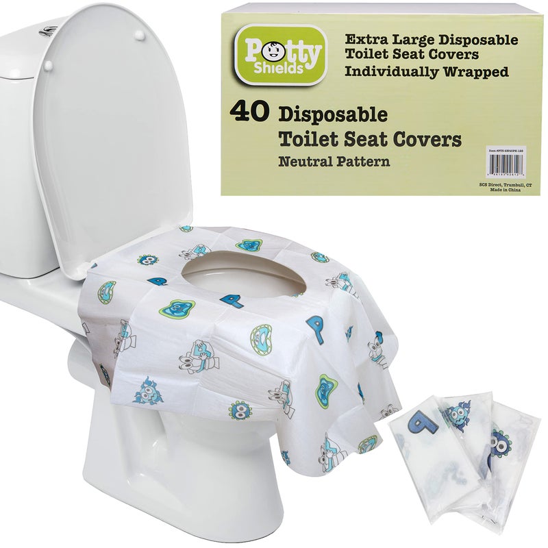 Potty Shields أغطية مقاعد المرحاض القابلة للتصرف (40 عبوة) - غطاء مرحاض XL مقاوم للماء للأطفال، والكبار - محمول ومغلف بشكل فردي للسفر، وتدريب الحمام، والعطلات، والحمامات العامة - Image 1