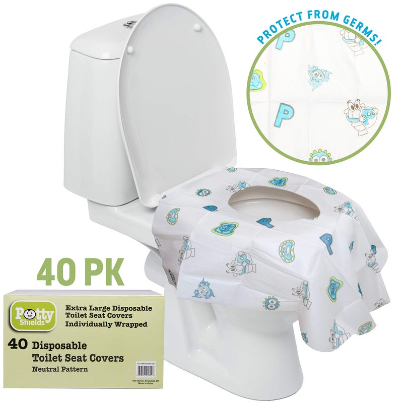 Potty Shields أغطية مقاعد المرحاض القابلة للتصرف (40 عبوة) - غطاء مرحاض XL مقاوم للماء للأطفال، والكبار - محمول ومغلف بشكل فردي للسفر، وتدريب الحمام، والعطلات، والحمامات العامة - Image 3