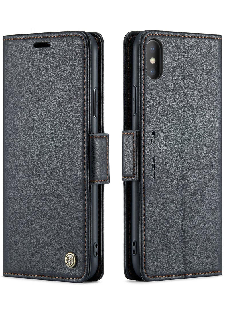 CaseMe Phone Case Luxury PU Leather Design Anti Fingerprint 023 Flip Cover Card Slot Holder Cover For iPhone X/XS (Black ) - Image 1