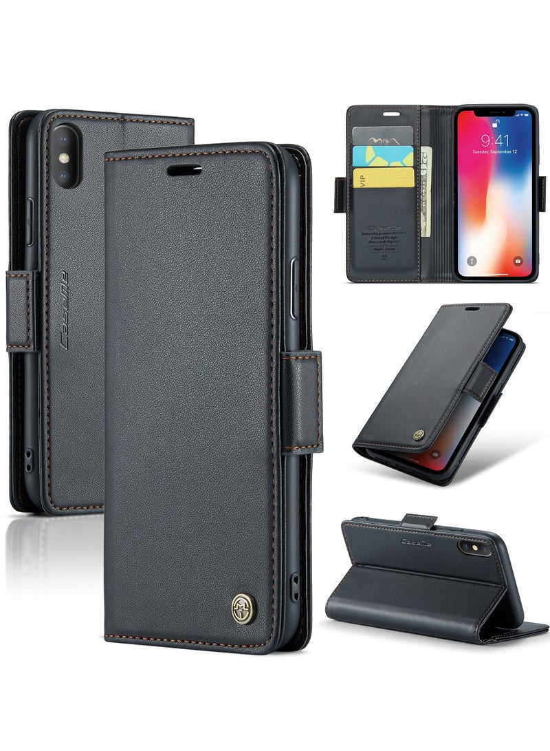 CaseMe Phone Case Luxury PU Leather Design Anti Fingerprint 023 Flip Cover Card Slot Holder Cover For iPhone X/XS (Black ) - Image 2