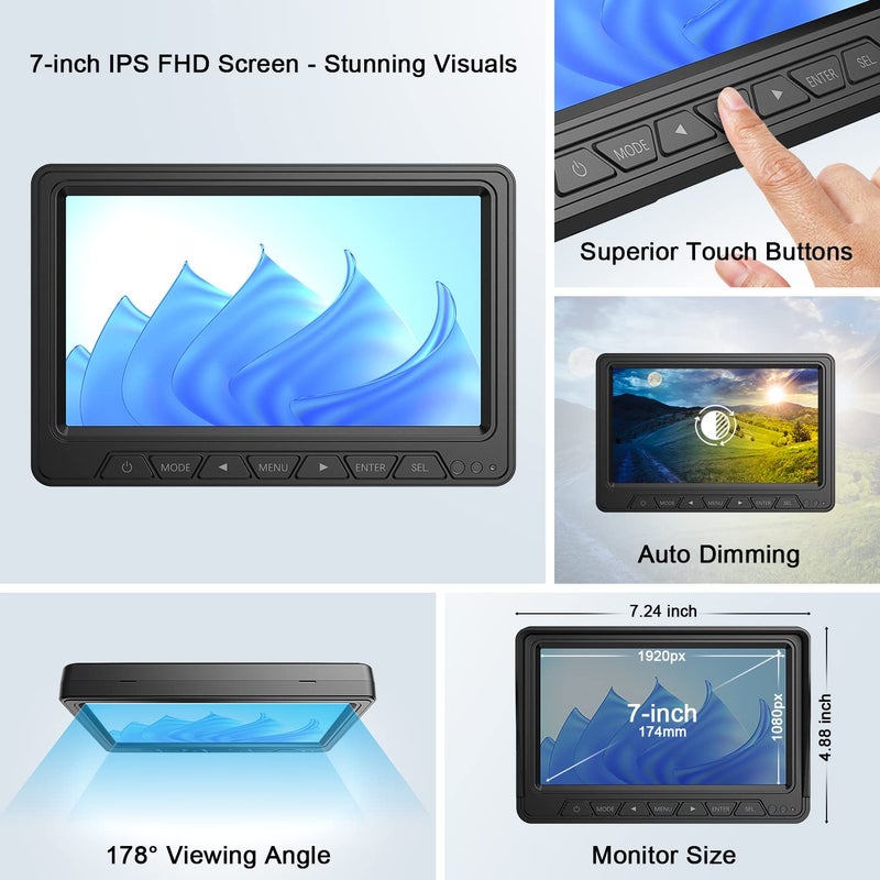 Fookoo HD 1080P 7" Wireless RV Backup Camera System for Furrion Pre-Wired RV Truck Camper, 7" IPS DVR Monitor & Rear View Camera, IR Night Vision IP69 Waterproof DIY Parking Lines - DW7Y5 - Image 4