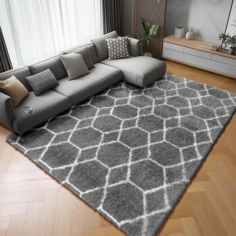 ONASAR Area Rugs for Living Room Bedroom, 5x8 Fluffy Grey and White Rug, Geometric Boho Soft Plush Shaggy Fuzzy Floor Carpet for Nursery Kids Girls Boys Teen Dorm Home Decor Aesthetic - Image 2
