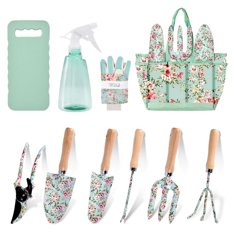WNJ 10-Piece Floral Garden Tools Set with Tote Bag, Heavy Duty Gardening Kit with Pruning Shears, Trowels, Rake, Sprayer, Kneeling Pad & Gloves - Gift for Women, Gardener, Mother's Day - Image 1