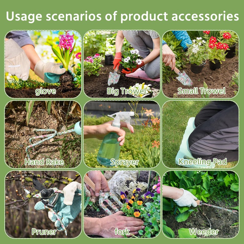 WNJ 10-Piece Floral Garden Tools Set with Tote Bag, Heavy Duty Gardening Kit with Pruning Shears, Trowels, Rake, Sprayer, Kneeling Pad & Gloves - Gift for Women, Gardener, Mother's Day - Image 4