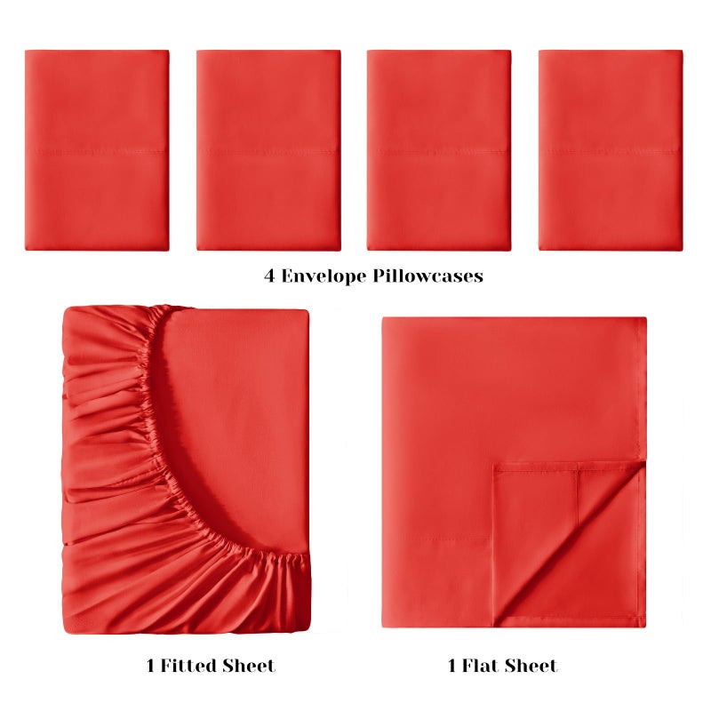 BYSURE مجموعة صفائح سرير من 6 قطع (King Cherry Red) - فندق Super Super 1800 Thread Count 100 ٪ من ألواح الألياف الدقيقة مع جيوب عميقة التجاعيد وتتلاشى مقاومة - Image 3