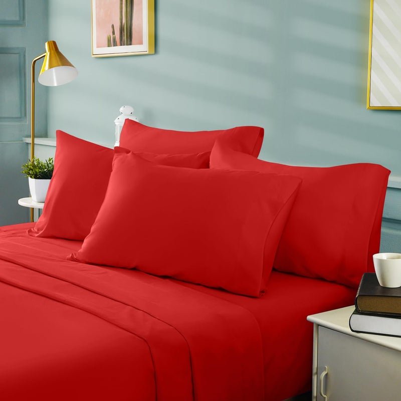BYSURE مجموعة صفائح سرير من 6 قطع (King Cherry Red) - فندق Super Super 1800 Thread Count 100 ٪ من ألواح الألياف الدقيقة مع جيوب عميقة التجاعيد وتتلاشى مقاومة - Image 2