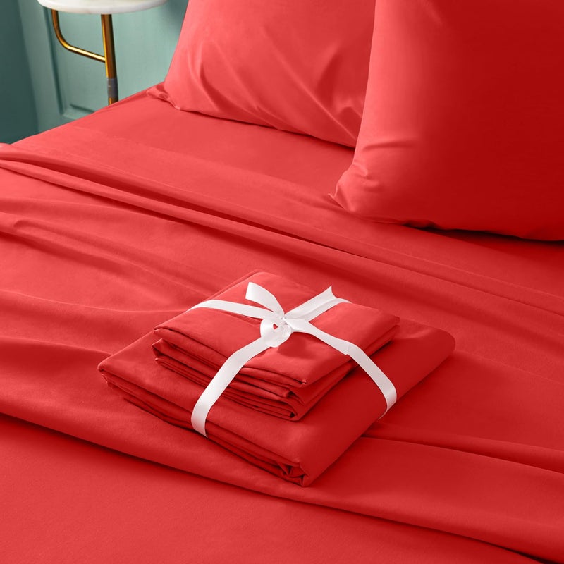 BYSURE مجموعة صفائح سرير من 6 قطع (King Cherry Red) - فندق Super Super 1800 Thread Count 100 ٪ من ألواح الألياف الدقيقة مع جيوب عميقة التجاعيد وتتلاشى مقاومة - Image 4