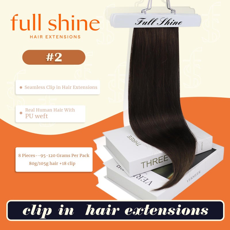 Full Shine Seamless Clip in Hair Extensions Human Hair Brown Remy Hair Extensions Clip in Darkest Brown Straight Natural Hair Extension for Women 12 Inch 8 PCS 95 G - Image 2