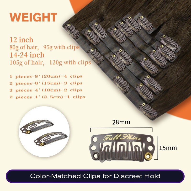 Full Shine Seamless Clip in Hair Extensions Human Hair Brown Remy Hair Extensions Clip in Darkest Brown Straight Natural Hair Extension for Women 12 Inch 8 PCS 95 G - Image 3