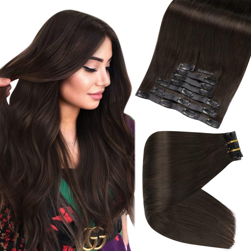 Full Shine Seamless Clip in Hair Extensions Human Hair Brown Remy Hair Extensions Clip in Darkest Brown Straight Natural Hair Extension for Women 12 Inch 8 PCS 95 G - Image 1