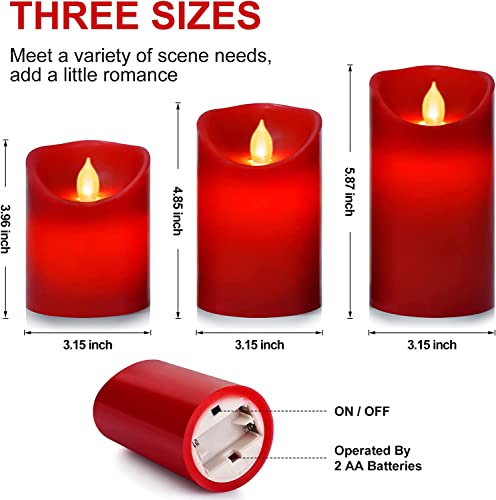 Hanzim Flameless Battery Operated Flickering Candles:3PACK Red Real Wax Pillar Candle,Electric LED Candle with 10-Key Remote Control and 24 Hours Timer for Home Decoration Holiday Party - Image 5