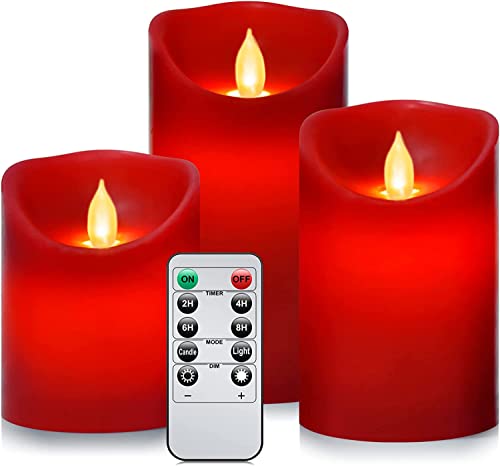 Hanzim Flameless Battery Operated Flickering Candles:3PACK Red Real Wax Pillar Candle,Electric LED Candle with 10-Key Remote Control and 24 Hours Timer for Home Decoration Holiday Party - Image 1