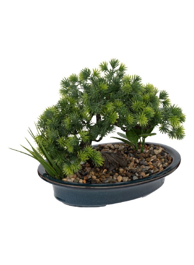 atmosphera Easy Maintenance Artificial Bonsai Plant in Pebble with Pot Green and Blue 20 x 24 x 26 cm 196709  - Image 1