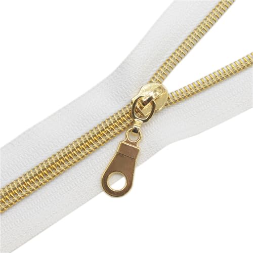YaHoGa #5 Gold Metallic Nylon Coil Zippers by The Yard Bulk White Tape 10 Yards with 25pcs Gold Pulls for DIY Sewing Tailor Craft Bag (White) - Image 2
