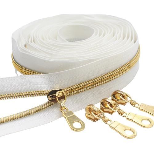 YaHoGa #5 Gold Metallic Nylon Coil Zippers by The Yard Bulk White Tape 10 Yards with 25pcs Gold Pulls for DIY Sewing Tailor Craft Bag (White) - Image 3