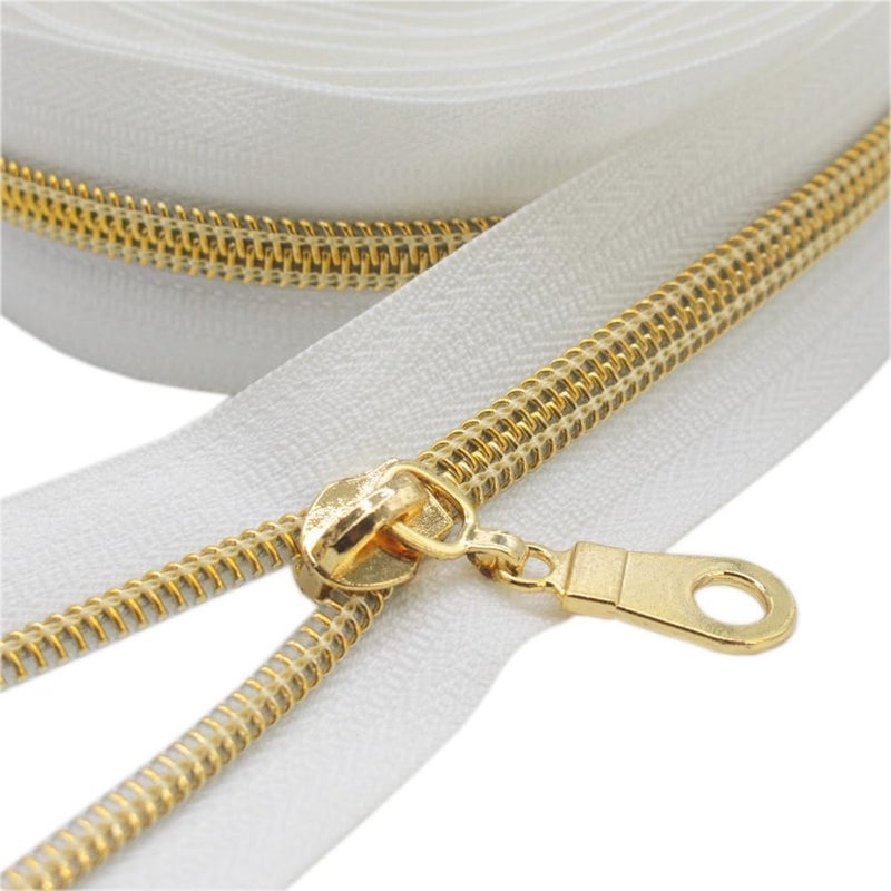 YaHoGa #5 Gold Metallic Nylon Coil Zippers by The Yard Bulk White Tape 10 Yards with 25pcs Gold Pulls for DIY Sewing Tailor Craft Bag (White) - Image 5