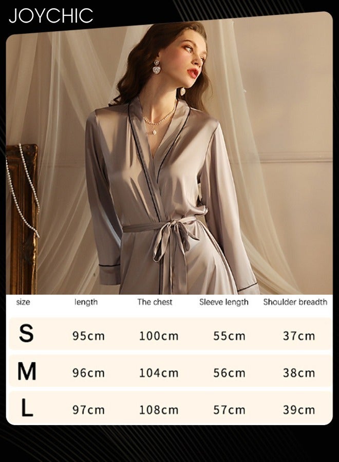 Joychic بيجامة نسائية بسيطة لفصلي الربيع والخريف بتصميم شريط ملفوف، فستان نوم طويل من الساتان ناعم وسلس مع حزام، رمادي - Image 3