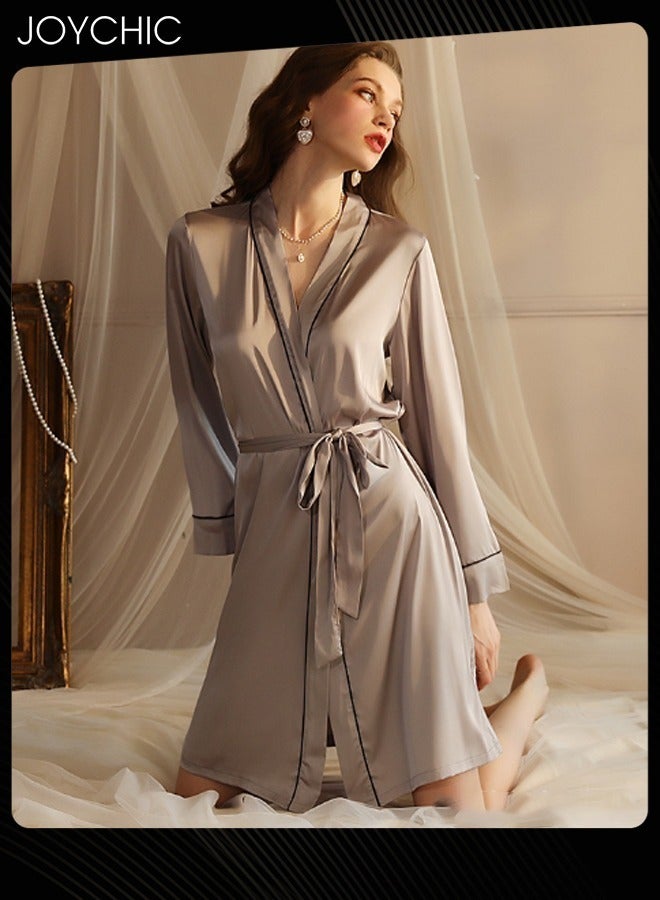 Joychic بيجامة نسائية بسيطة لفصلي الربيع والخريف بتصميم شريط ملفوف، فستان نوم طويل من الساتان ناعم وسلس مع حزام، رمادي - Image 1