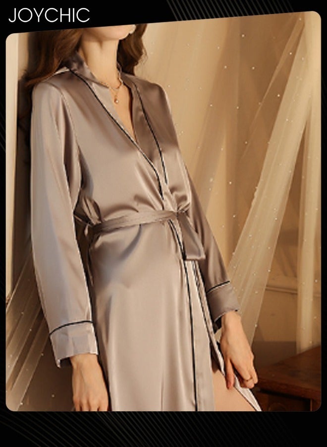 Joychic بيجامة نسائية بسيطة لفصلي الربيع والخريف بتصميم شريط ملفوف، فستان نوم طويل من الساتان ناعم وسلس مع حزام، رمادي - Image 2
