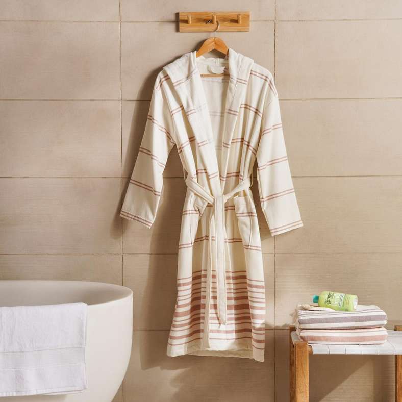Pan Home Hooded Bathrobe in Cream with Rust Stripes for Women