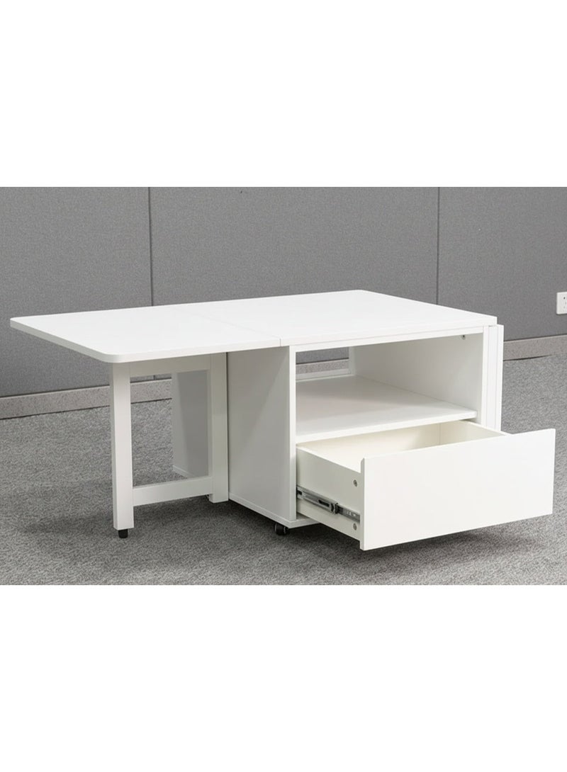 Eleva Home Extendable Coffee Table to Dining Table with Large Storage and Drawer, Foldable Multi-Functional Table for Living Room (White) - Image 5