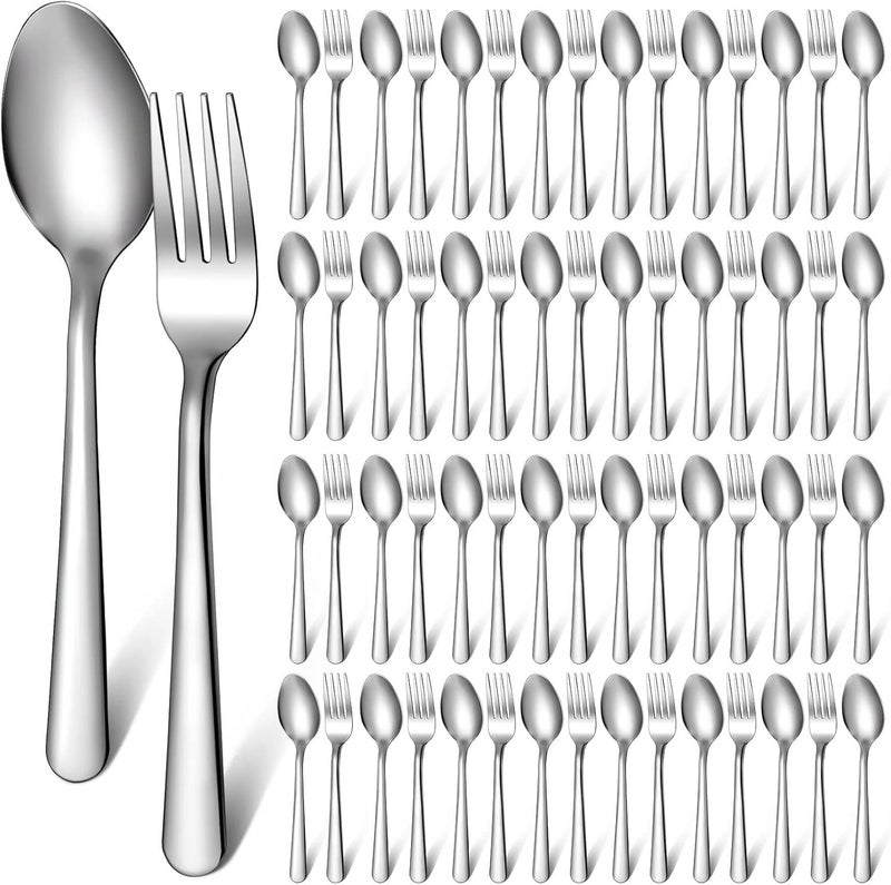 BBTO 100 Pcs Forks and Spoons Silverware Set Bulk Stainless Steel Flatware Cutlery Set 6.7'' Kitchen Utensils for Home Restaurant 50 Dinner Fork, 50 Teaspoon, Mirror Polished, Dishwasher Safe - Image 1