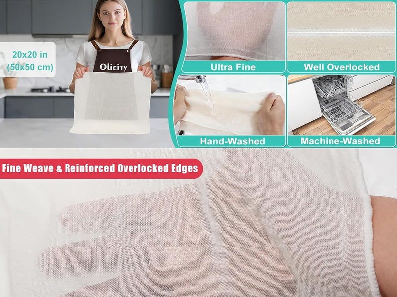 Olicity Cheese Cloths, 2PCS, Double-Layer, 20x20Inch, Reusable Grade 90 Cheese Cloth Bag for Straining, Hemmed Unbleached Cotton Precut Fine Mesh Muslin Cheesecloth for Juicing, Butter, Canning - Image 4