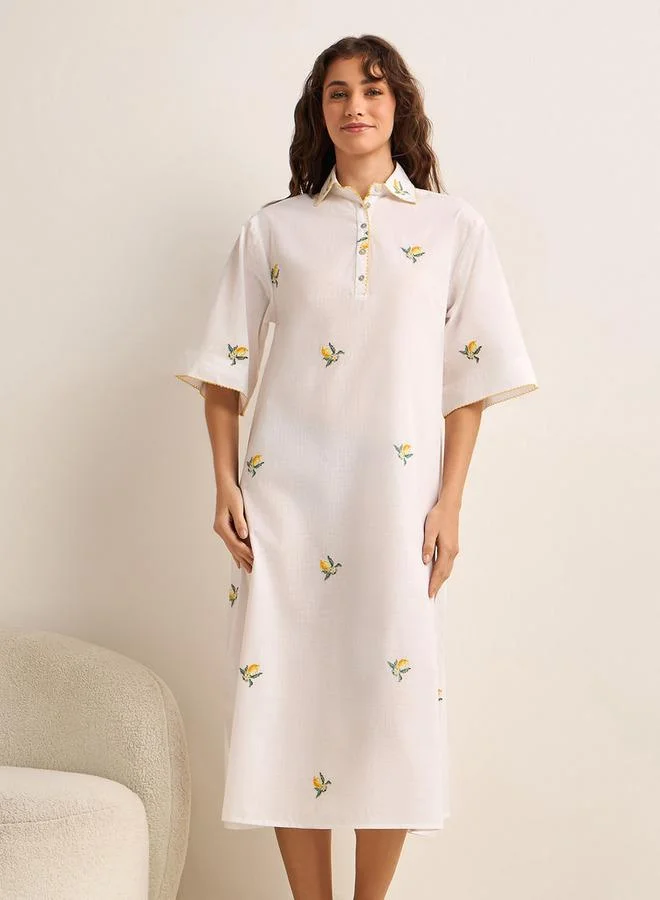سبلاش فيڤ Midi Night Dress Short Sleeves Embroidered Viscose