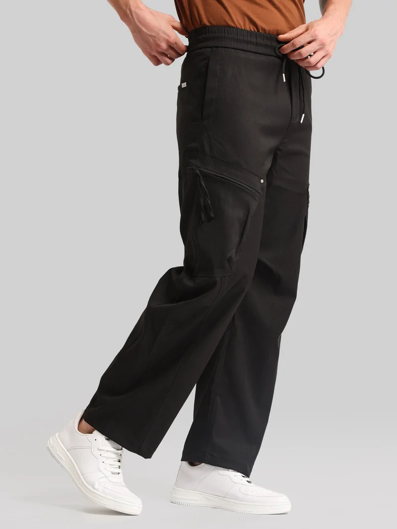 Maniac  Maniac Mens Cross Pocket Black Cotton Blend Baggy Cargo Pant for Men | Best Price UAE