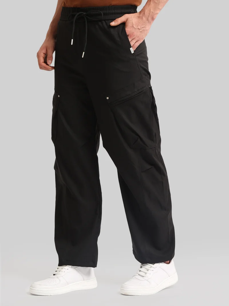 Maniac  Maniac Mens Cross Pocket Black Cotton Blend Baggy Cargo Pant for Men | Best Price UAE