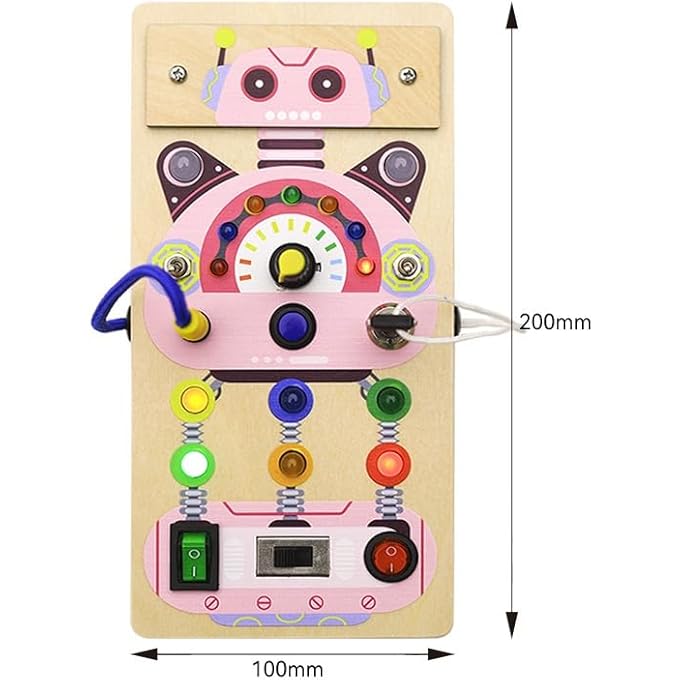 PINK ROBOT BUSY BOARD FOR TODDLERS – MONTESSORI SENSORY TOY FOR KIDS 3+ – WOODEN ACTIVITY BOARD WITH LIGHTS, SWITCHES & GEARS – FINE MOTOR SKILL DEVELOPMENT TOY - Image 2