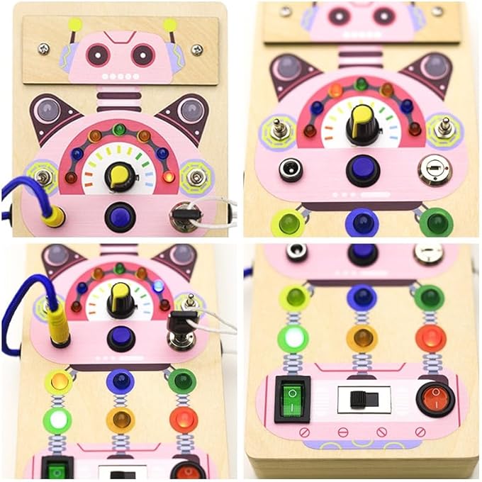 PINK ROBOT BUSY BOARD FOR TODDLERS – MONTESSORI SENSORY TOY FOR KIDS 3+ – WOODEN ACTIVITY BOARD WITH LIGHTS, SWITCHES & GEARS – FINE MOTOR SKILL DEVELOPMENT TOY - Image 3