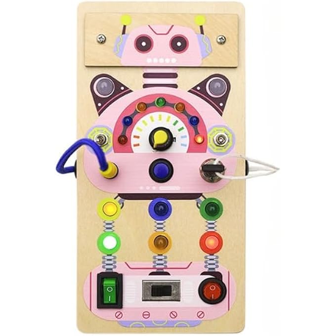 PINK ROBOT BUSY BOARD FOR TODDLERS – MONTESSORI SENSORY TOY FOR KIDS 3+ – WOODEN ACTIVITY BOARD WITH LIGHTS, SWITCHES & GEARS – FINE MOTOR SKILL DEVELOPMENT TOY - Image 1