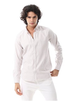 Andora Candy Stripes Pattern Turn Down Collar Oxford Shirt_ White & Coffee Brown  - Image 1