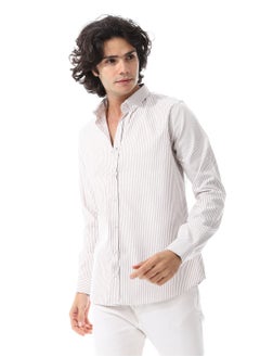 Andora Candy Stripes Pattern Turn Down Collar Oxford Shirt_ White & Coffee Brown  - Image 2