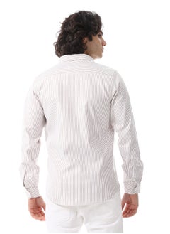 Andora Candy Stripes Pattern Turn Down Collar Oxford Shirt_ White & Coffee Brown  - Image 3
