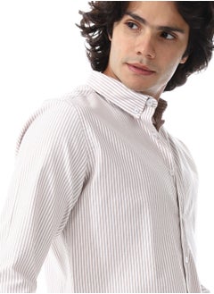 Andora Candy Stripes Pattern Turn Down Collar Oxford Shirt_ White & Coffee Brown  - Image 5