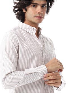 Andora Candy Stripes Pattern Turn Down Collar Oxford Shirt_ White & Coffee Brown  - Image 4