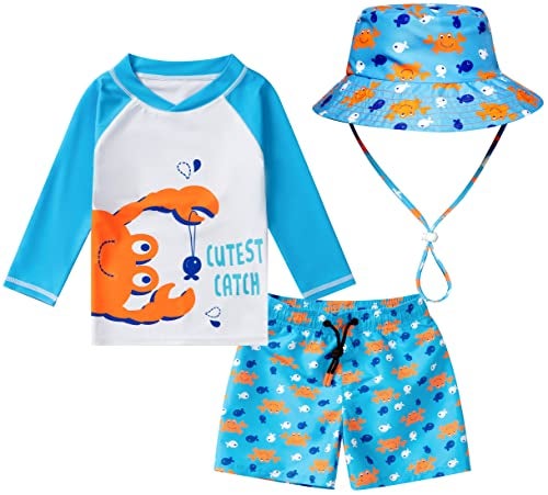 SGMWVB Toddlers and Baby Boys' 3-Piece Swimsuit Trunk Rashguard Set and Sun Hat Swimwear Bathing Suit Sunsuit Swim Shirt UPF 50+ Crab 6-9 Months - Image 5