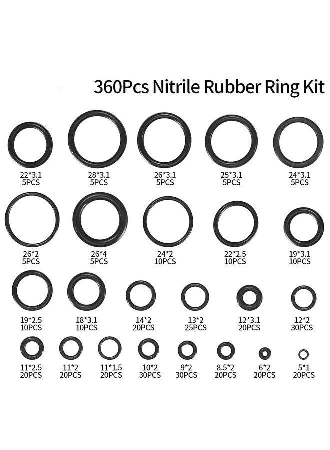 مجموعة متنوعة من حلقات O مكونة من 360 قطعة، حلقات غسالة مطاطية، 24 مقاسًا من حلقات O لغسالة الضغط للخرطوم، والحنفية، والسيارات، وأنابيب الهواء والغاز، وإصلاح حلقات O، باللون الأسود - Image 5