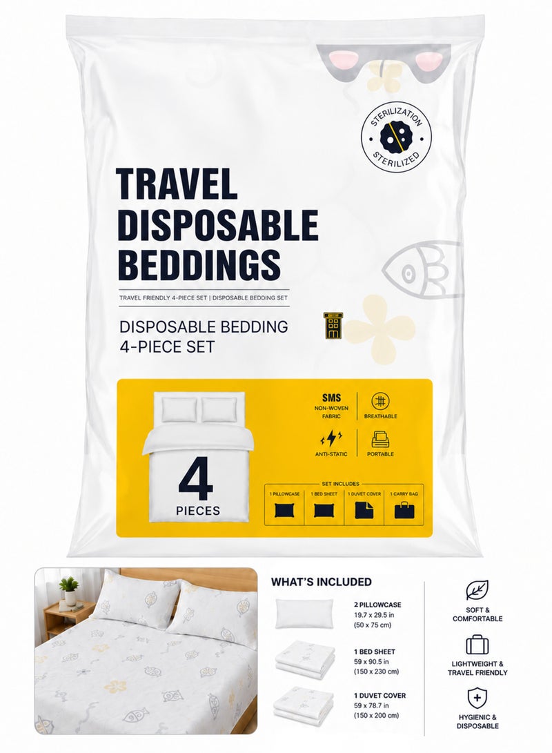 4 Pack Disposable Bed Sheets for Travel, Portable Disposable Bedding Set with Bed Sheet*1/Quilt Cover*1/Pillowcases*2 Disposable Bed Sheets King Size for Travel Business Trip Camping Hotel.