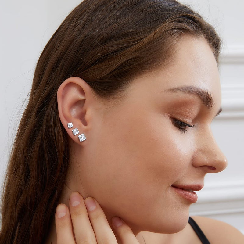 VOLUKA 6 Pairs Screw Back Titanium Surgical Stainless Steel Round Square Princess Cut CZ Earrings For Women Men Hypoallergenic Cubic Zirconia Earrings (White Gold Plated) - Image 2