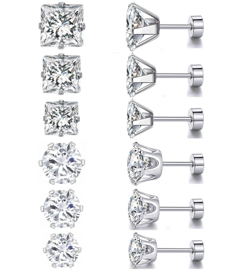 VOLUKA 6 Pairs Screw Back Titanium Surgical Stainless Steel Round Square Princess Cut CZ Earrings For Women Men Hypoallergenic Cubic Zirconia Earrings (White Gold Plated) - Image 1
