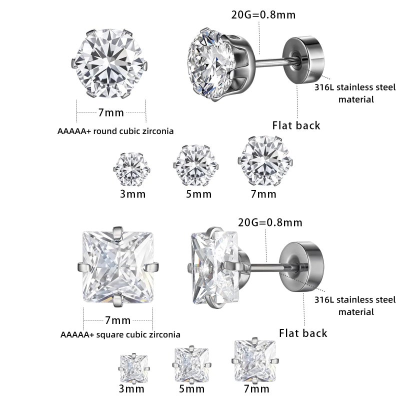 VOLUKA 6 Pairs Screw Back Titanium Surgical Stainless Steel Round Square Princess Cut CZ Earrings For Women Men Hypoallergenic Cubic Zirconia Earrings (White Gold Plated) - Image 4