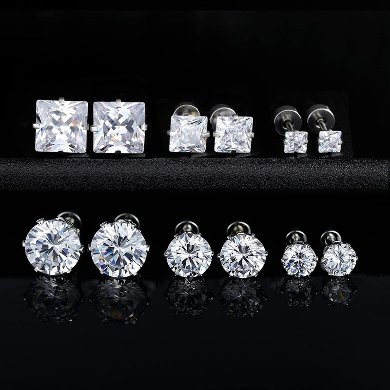 VOLUKA 6 Pairs Screw Back Titanium Surgical Stainless Steel Round Square Princess Cut CZ Earrings For Women Men Hypoallergenic Cubic Zirconia Earrings (White Gold Plated) - Image 5