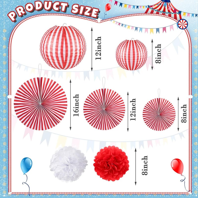 Hortsun 16 Pcs Carnival Circus Party Decorations Red and White Stripes Paper Lanterns Fans Paper Flowers for Carnival Circus Birthday Baby Shower Christmas Halloween Decoration 81216 Inch - Image 3