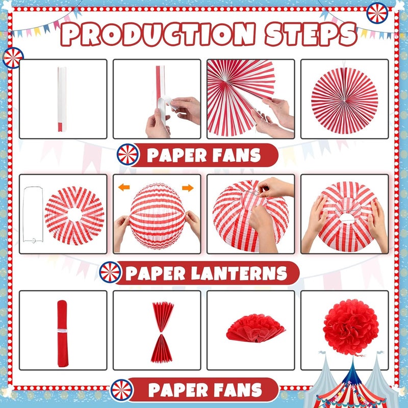Hortsun 16 Pcs Carnival Circus Party Decorations Red and White Stripes Paper Lanterns Fans Paper Flowers for Carnival Circus Birthday Baby Shower Christmas Halloween Decoration 81216 Inch - Image 4
